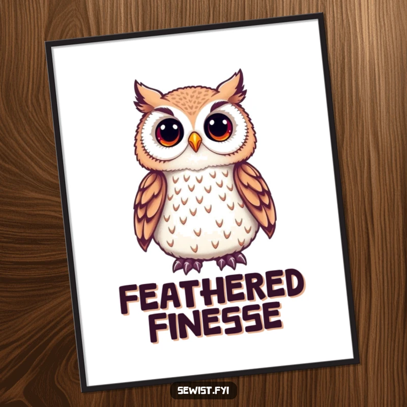 Funny Owl Digital Art Print of a cute owl admiring a delicate embroidered detail, celebrating the appreciation of fine needlework.