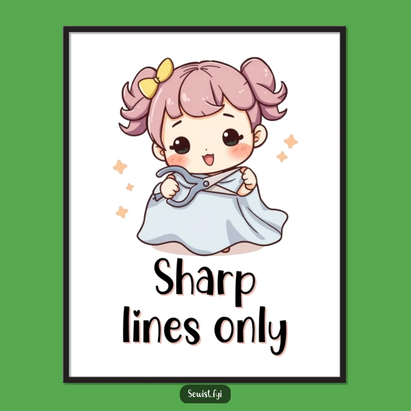 Funny Sewing Digital Art: Printable Wall Decor Of Character Cutting Fabric
