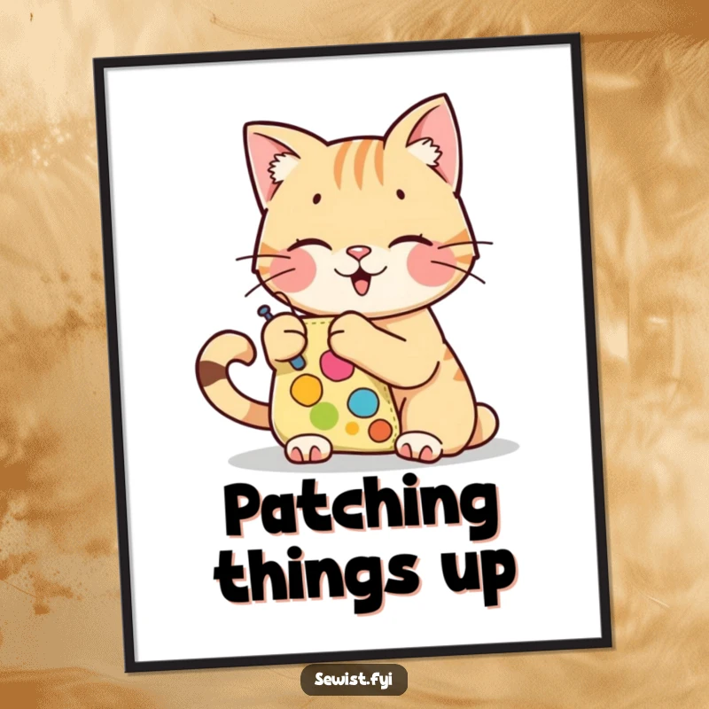Funny digital art print of a cheerful cat character stitching a colorful patch, a creative funny gift.