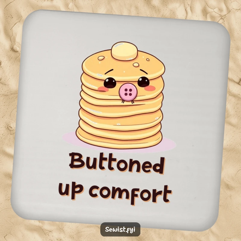 Funny pancake coasters showing a wobbly stack trying to sew a giant button onto itself, protecting tables with humor.