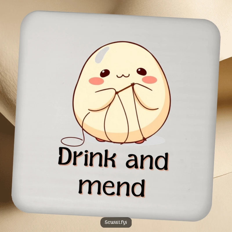 Funny drink coaster featuring a round dumpling comically attempting to sew itself with needle and thread.