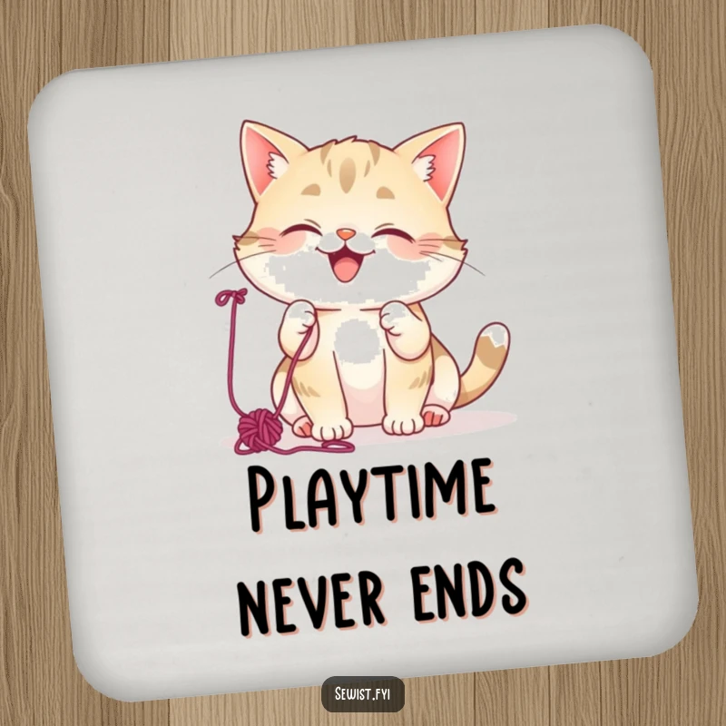 Funny Cat Coasters: Mischievous cat giggling, batting colorful yarn, set of coasters for stylish, humorous protection.