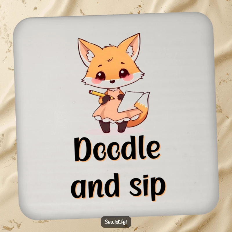 Funny fox drink coaster featuring a playful fox sketching a dress design with a pencil, protecting surfaces.
