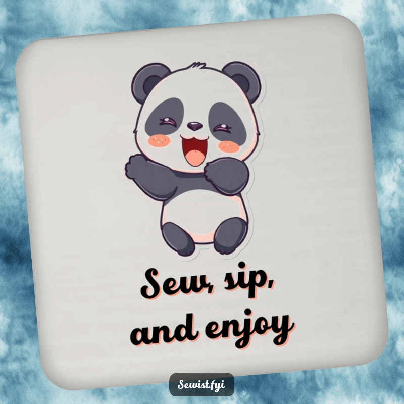 Funny Panda Coaster showing a giggling panda cutting fabric with a flourish, a decorative and humorous accessory for tables.