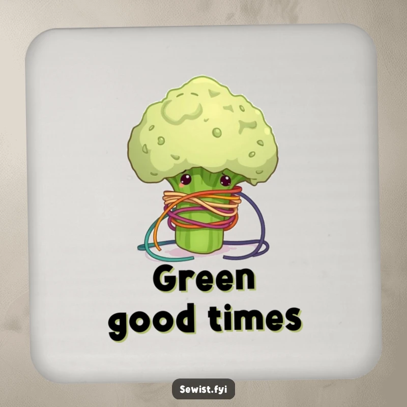 Funny drink coaster with a clumsy broccoli floret hilariously tangled in colorful sewing thread, protecting surfaces with humor.