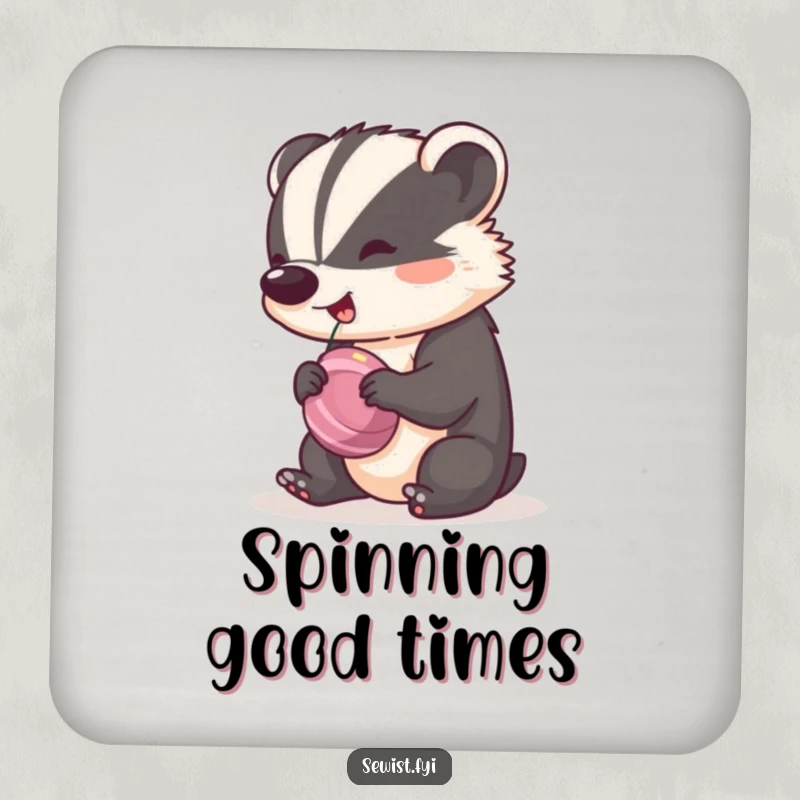 Funny Badger Coaster showing a cheeky badger spinning a bobbin with a happy rhythm, a decorative and humorous table accessory.