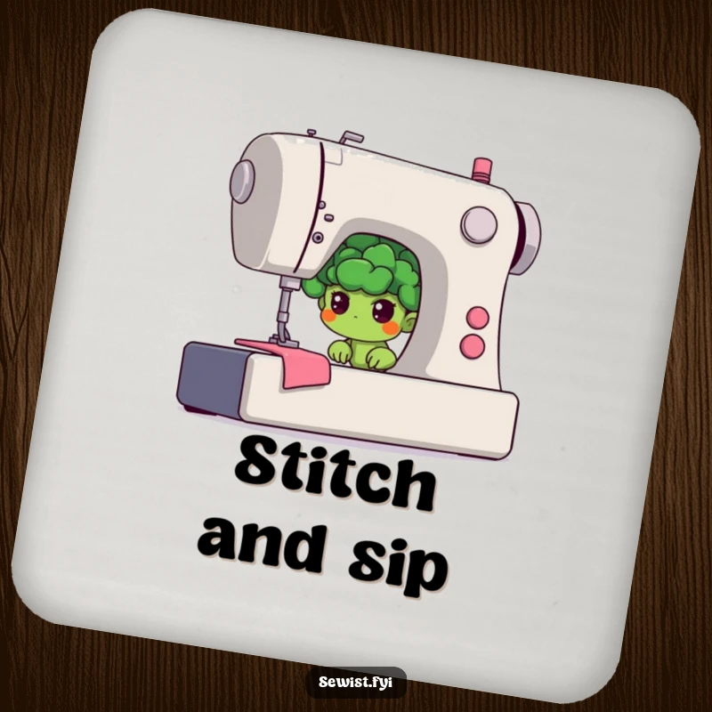 Funny broccoli coasters showing a shy floret hiding behind a giant sewing machine, protecting tables with humor.