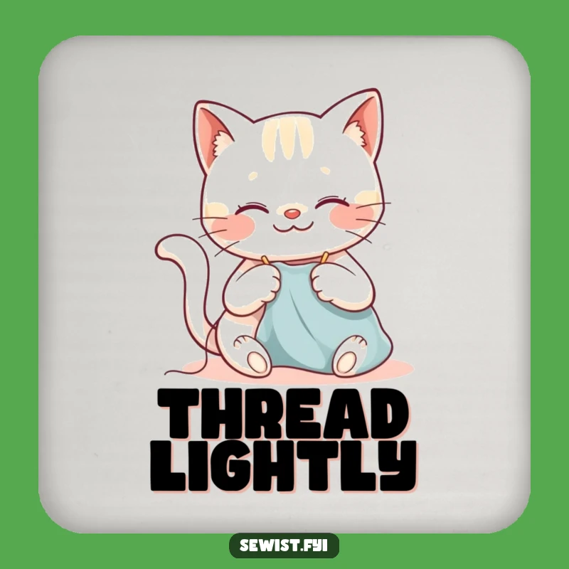 Funny Cat Sewing Drink Coaster: Protect Surfaces, Happy Kitty Stitching Decor