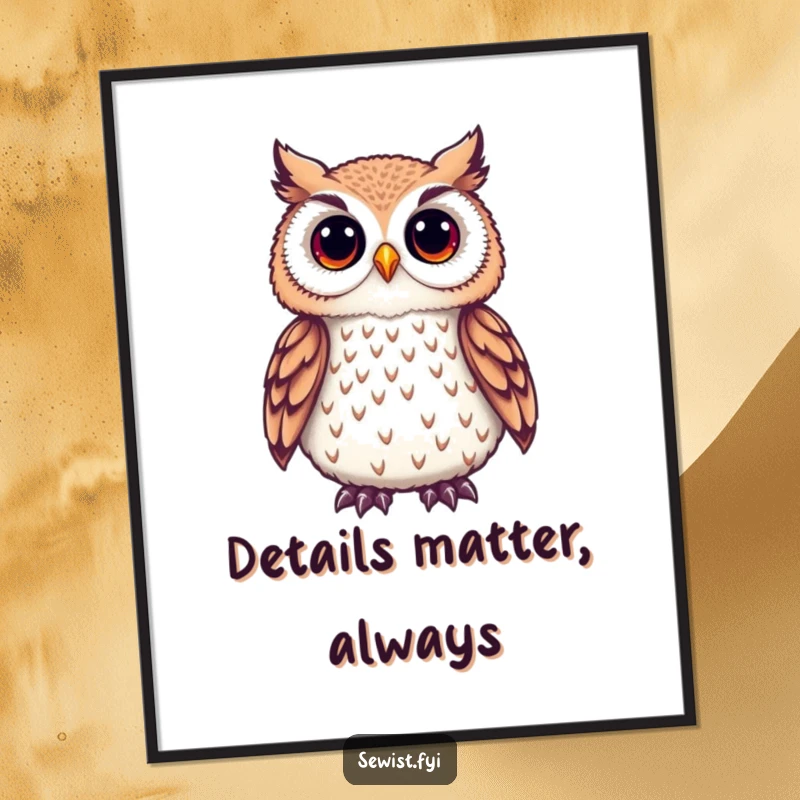 Funny Owl Poster showing a cute owl admiring a delicate embroidered detail, perfect for showcasing a love for fine needlework.