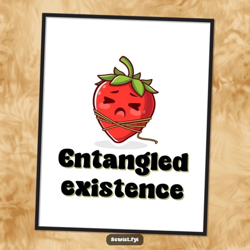 Funny poster art of a startled strawberry with a spool of thread comically tangled around its stem.