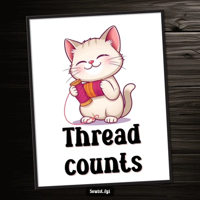 Funny giggling cat with a spool of thread, ready to stitch, a whimsical and humorous poster for sewing lovers.