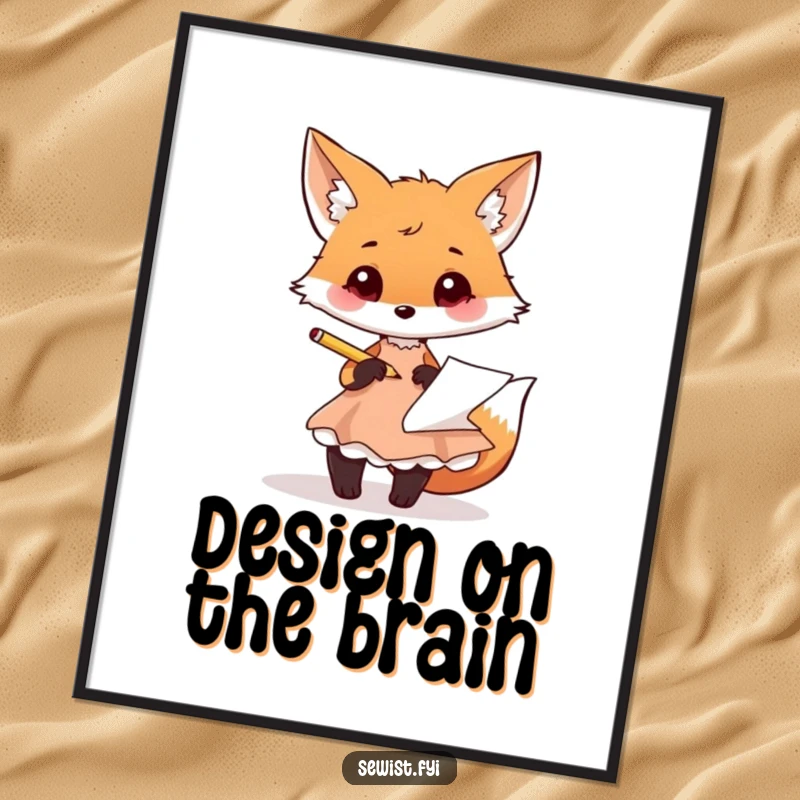 Funny fox poster featuring a playful fox intently sketching a dress design with a pencil and paper.
