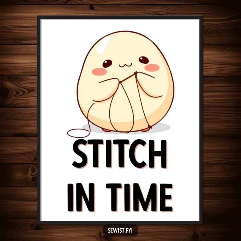 Funny poster art of a round dumpling comically attempting to stitch itself using a needle and thread.