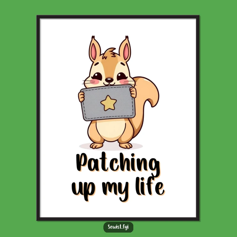 Funny Squirrel Patch Poster: Cheerful Critter's Sewing Art, Wall Decor Gift