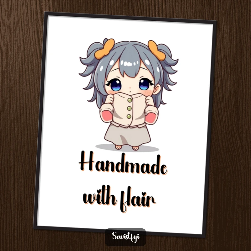 Funny poster featuring a character beaming while holding a beautifully sewn garment, celebrating the joy and pride of sewing accomplishments.