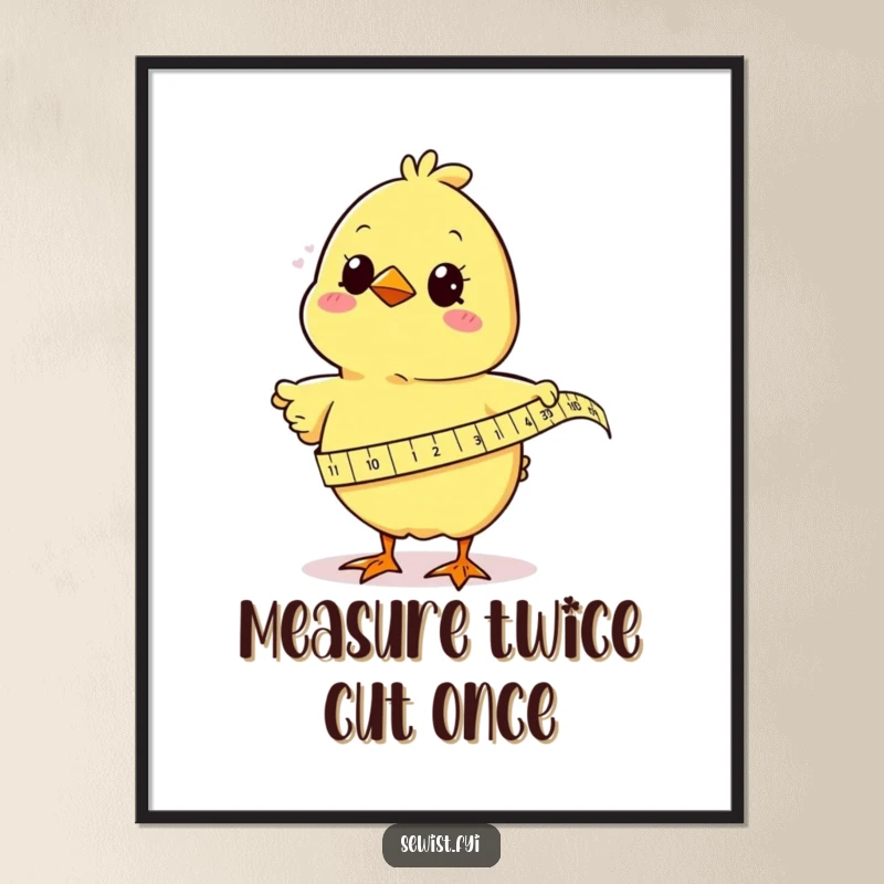 Funny chick humorously measuring fabric with a tape measure, creating a delightful and comical piece of wall art for crafters.