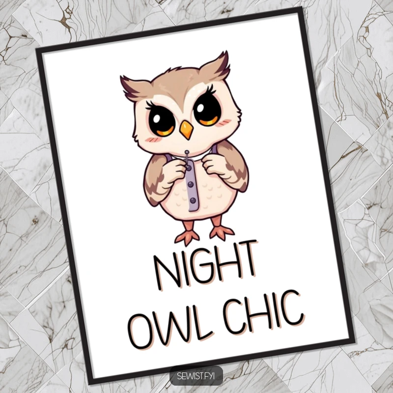 Funny poster: A contented owl meticulously adjusts a dress form with a needle, showcasing the precision of haute couture.