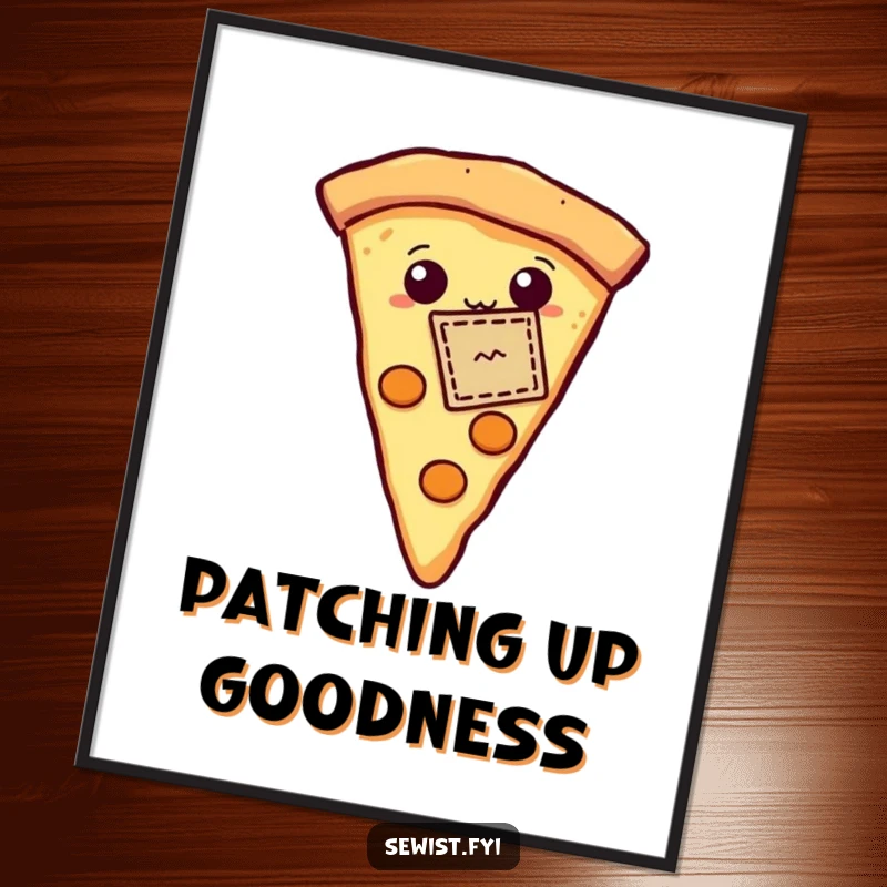 Funny poster art of a proud pizza slice proudly showing off a tiny stitched patch, humorous and appetizing wall decor.