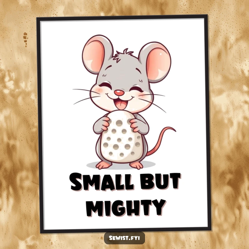 Funny Poster illustrating a delighted mouse character happily wearing and using a thimble while sewing.