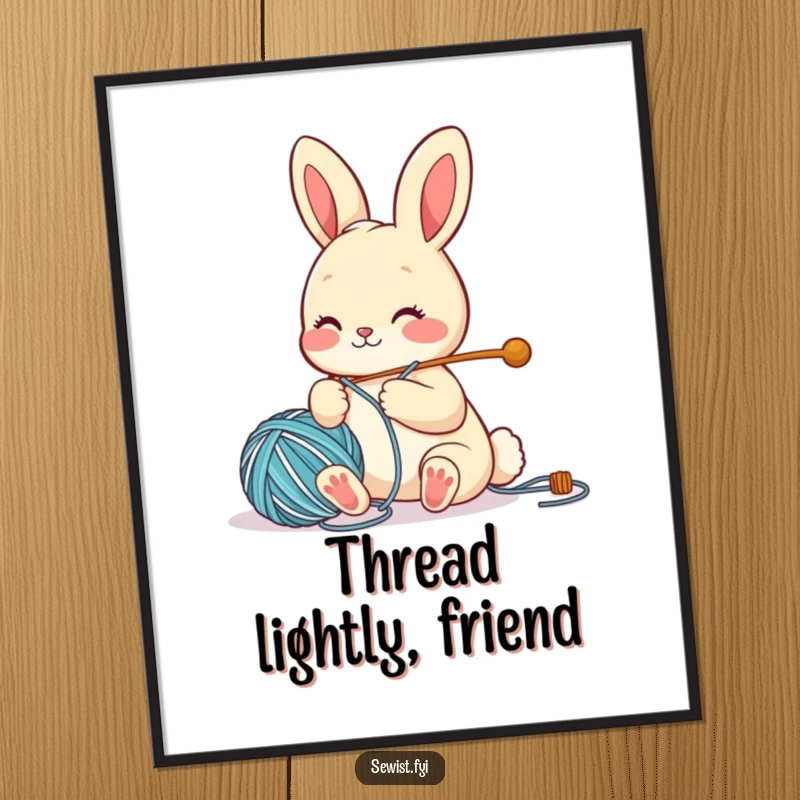 Funny Poster depicting a cute bunny character happily threading a large needle with yarn, a delightful piece of crafting art.