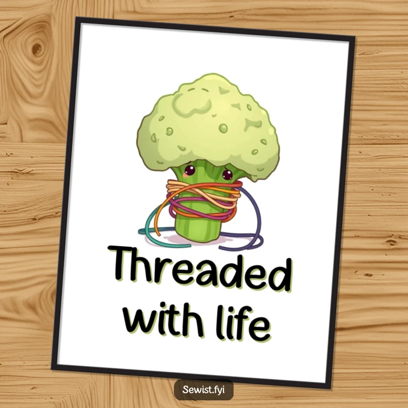 Funny poster art of a clumsy broccoli floret comically tangled in colorful sewing thread, whimsical and humorous wall decor.
