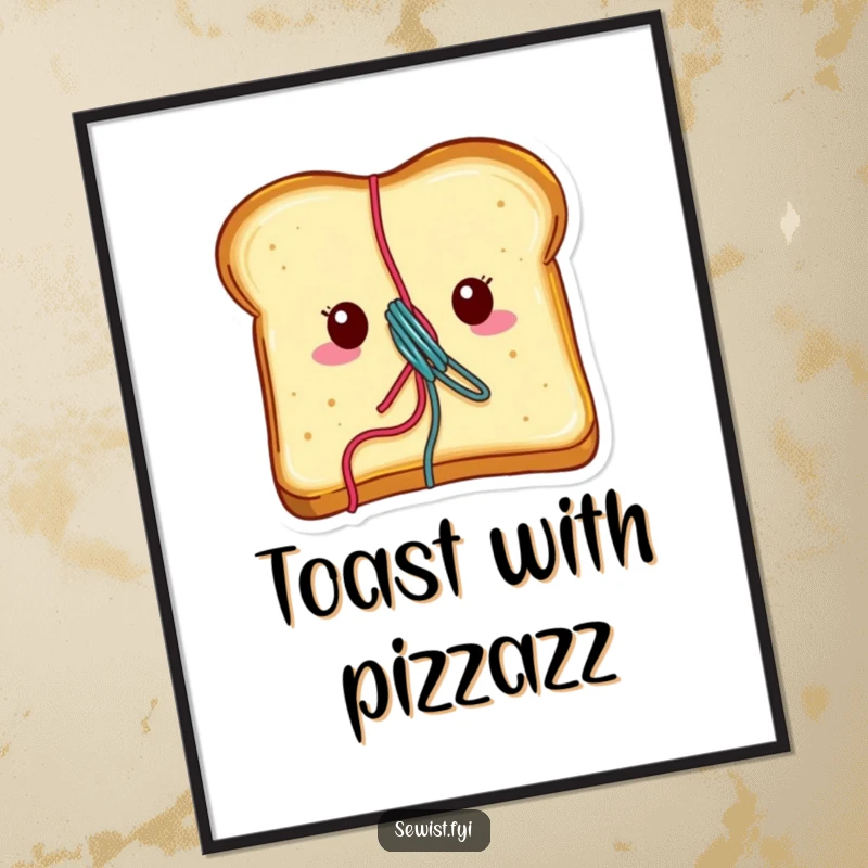 Funny toast poster showing a cheerful piece of toast with vibrant thread emerging, a humorous piece of wall art.