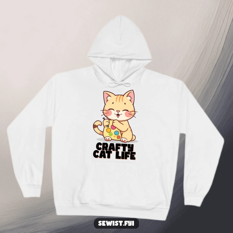 Funny cozy hoodie with a cheerful cat character stitching a colorful patch, a warm funny gift.