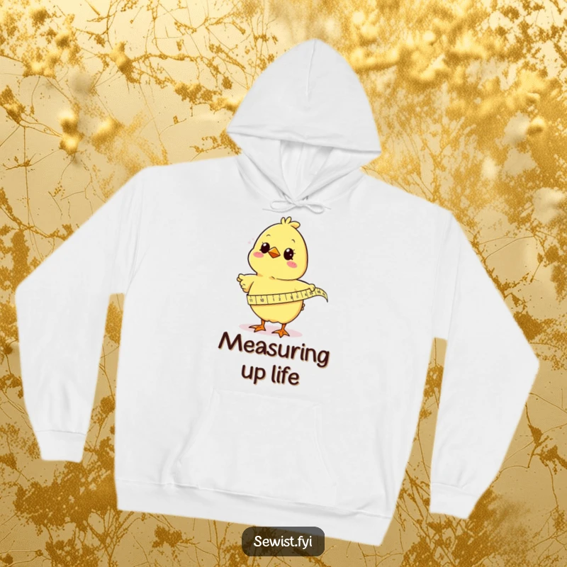 Funny chick adorably measuring fabric with a tape measure, a humorous and cozy hoodie for dedicated sewers and crafters.