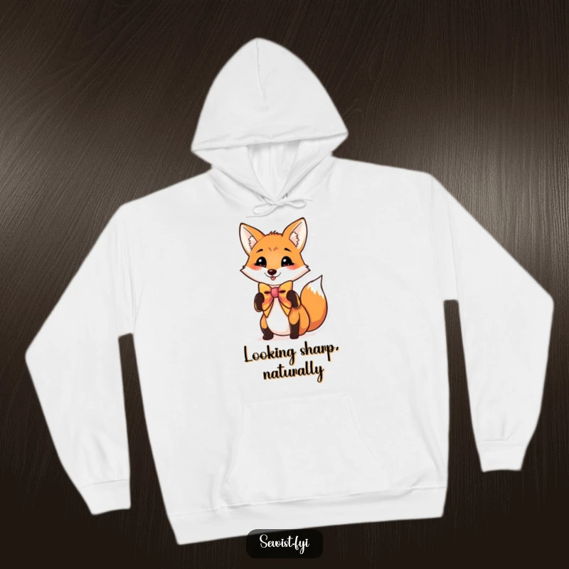 Funny hoodie featuring a charming fox adjusting its bow tie, offering warmth and a humorous design for stylish individuals.