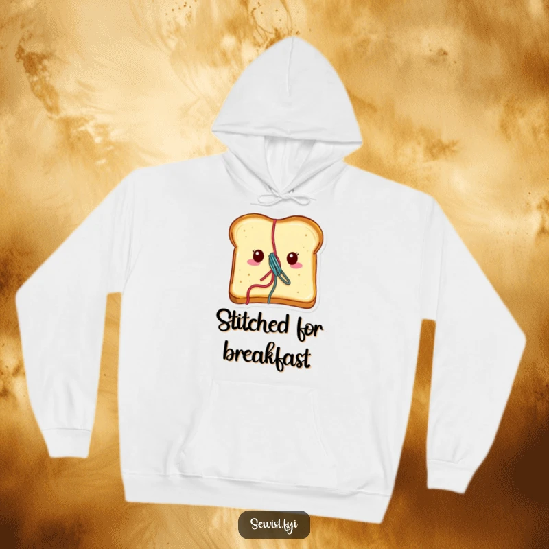 Funny toast hoodie featuring a cheerful piece of toast with vibrant thread emerging, a warm and humorous apparel choice.