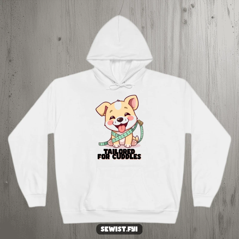 Funny hoodie featuring a happy dog meticulously measuring fabric with a tape measure, tongue sticking out playfully.