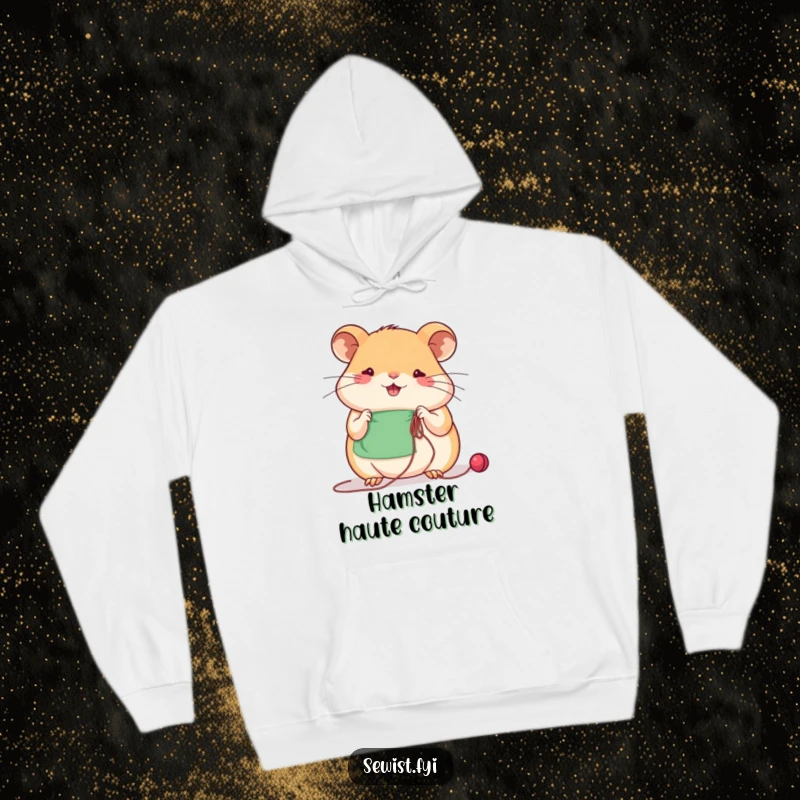 Funny beaming hamster sews with concentration using needle and thread, a cozy hoodie for crafters.
