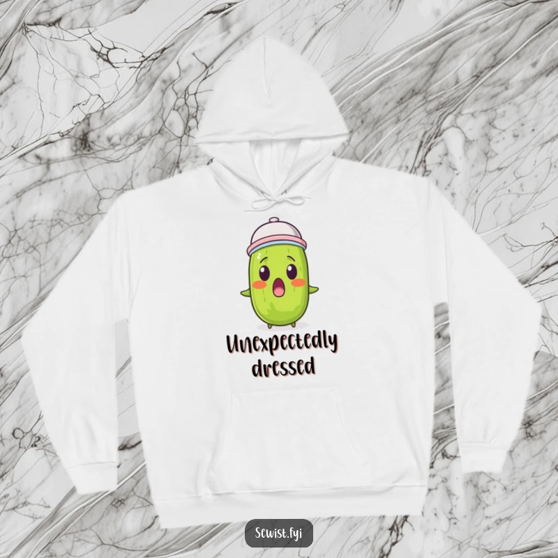 Funny pickle hoodie showing a surprised pickle wearing a thimble on its head, ideal for cozy and quirky wear.