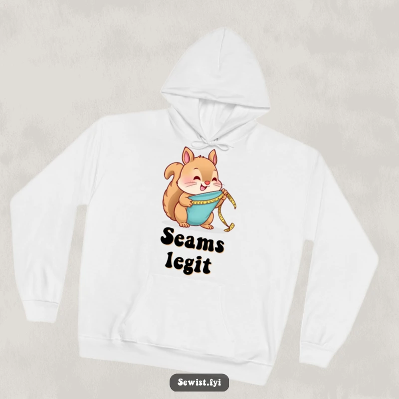 Funny Hoodie: A happy squirrel carefully measures a piece of fabric using a tiny tape measure, a cute sewing design.