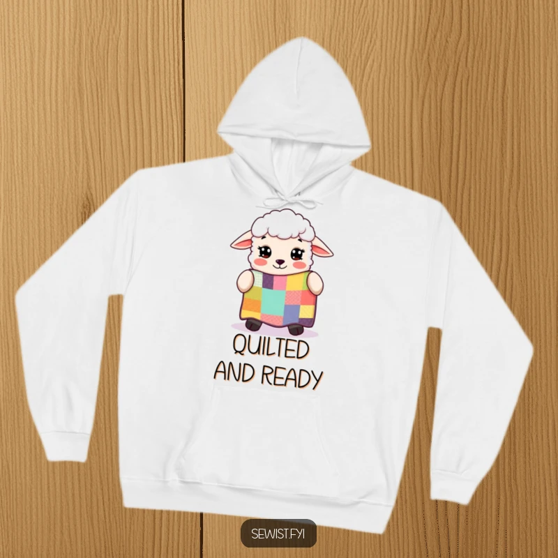 Funny sheep gazing in wonder at a colorful patchwork quilt, a soft and humorous hoodie ideal for quilters and cozy lovers.