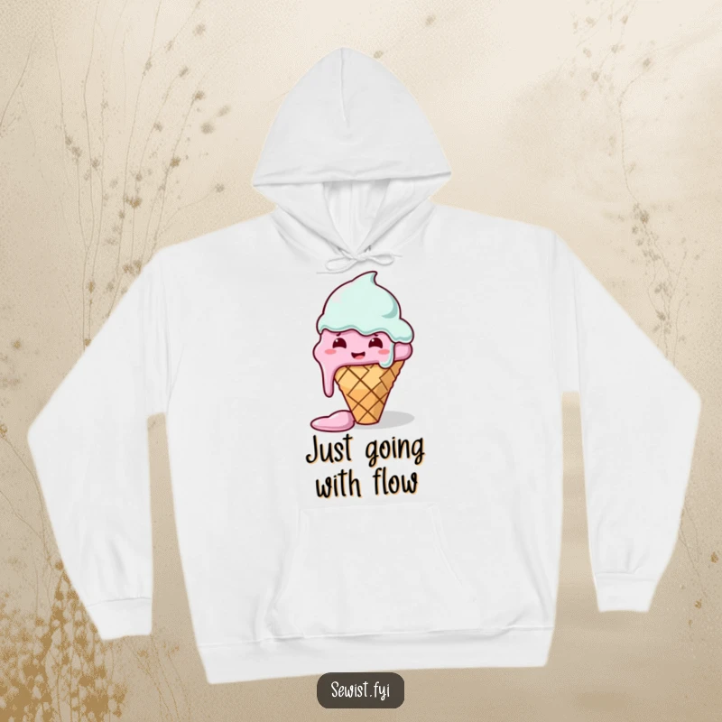 Funny hoodie showing a melting ice cream cone tangled in thread, hilariously failing at sewing, cozy and comical crafter apparel.