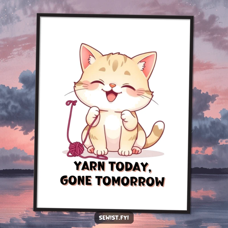 Funny Free Printable Wall Art: Mischievous cat batting colorful yarn, giggling with playful intent, perfect decor.