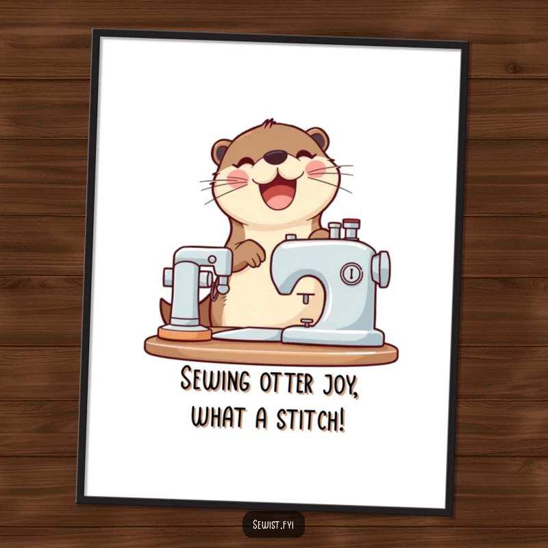 Funny Free Printable Wall Art: A joyful otter operating a sewing machine with a happy expression, creating textile art.
