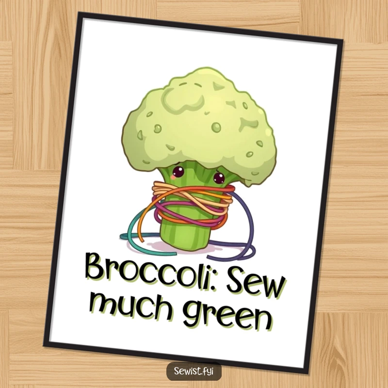 Funny Free Printable Wall Art: A clumsy broccoli floret hilariously entangled in a vibrant web of colorful sewing thread.