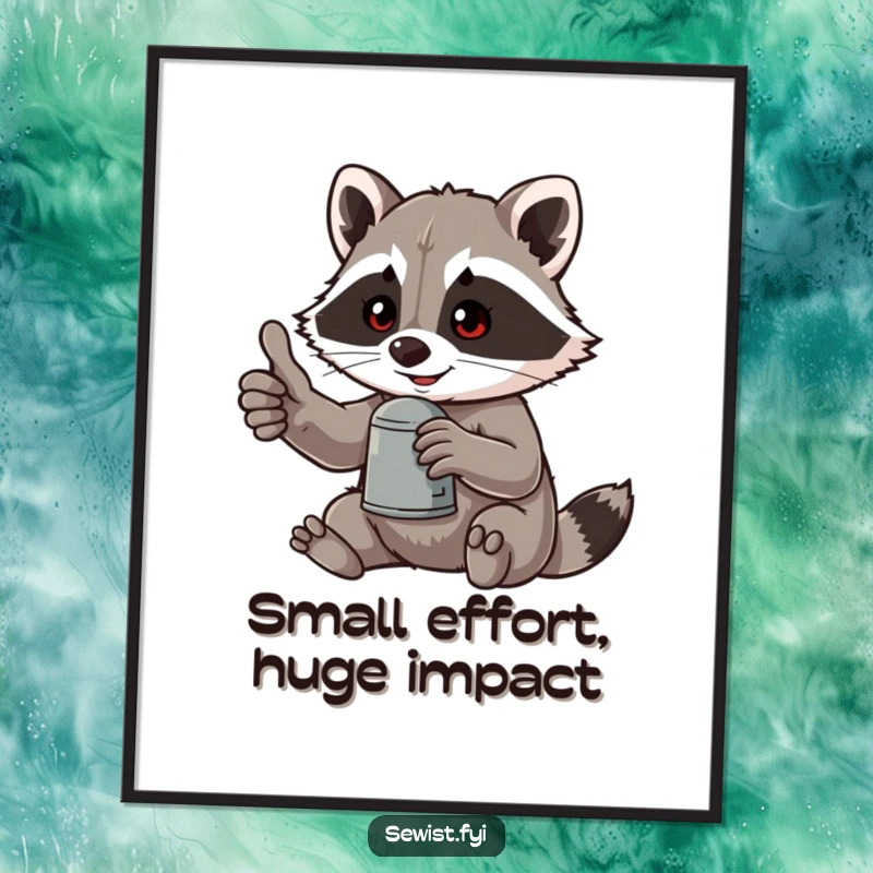 Funny Free Printable Wall Art: Mischievous raccoon giving a thumbs-up while balancing on a thimble, a hilarious downloadable poster.
