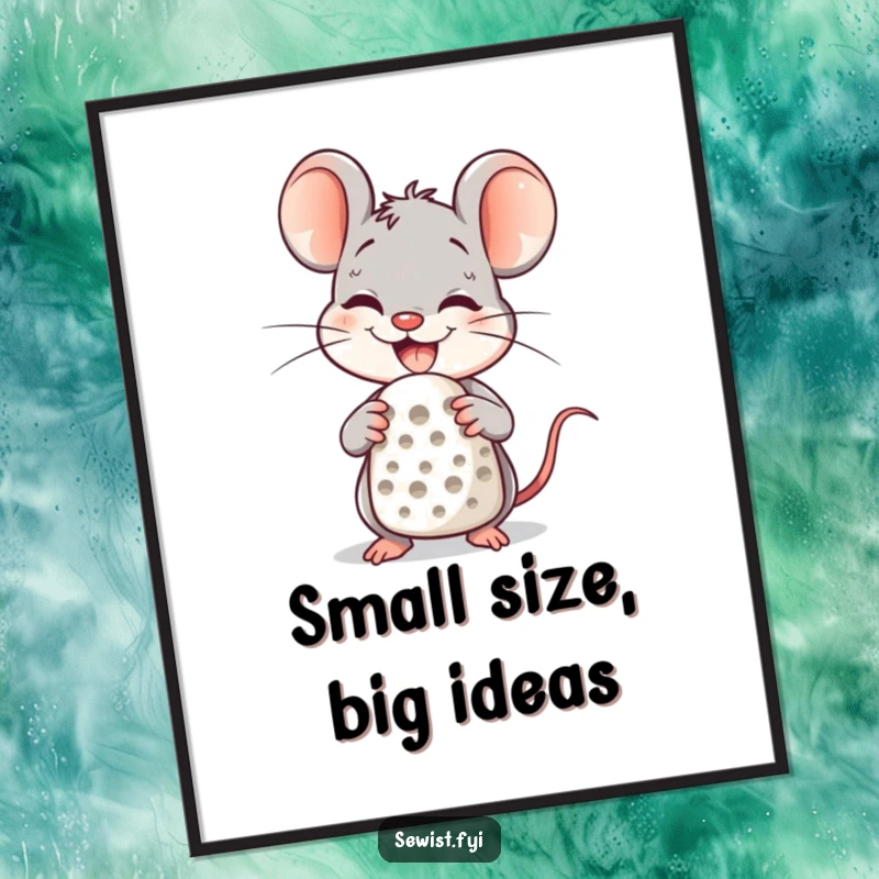 Funny Free Printable Wall Art: A delighted mouse character with a huge smile, wearing a thimble. Whimsical and charming decor.