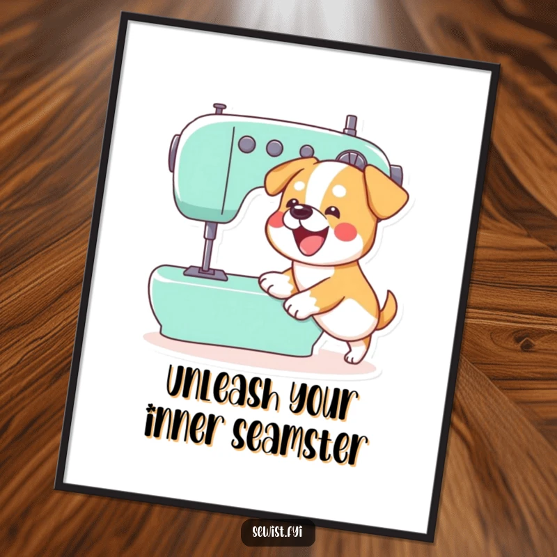 Funny Free Printable Wall Art: Dog Excitedly Pushing a Sewing Machine Pedal, Sewing Theme, Downloadable Decor.