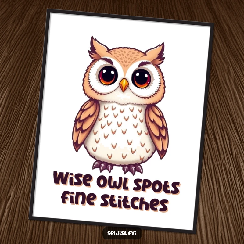 Funny Free Printable Wall Art: A cute owl intently admiring a tiny, delicate embroidered detail, a piece of whimsical digital art.