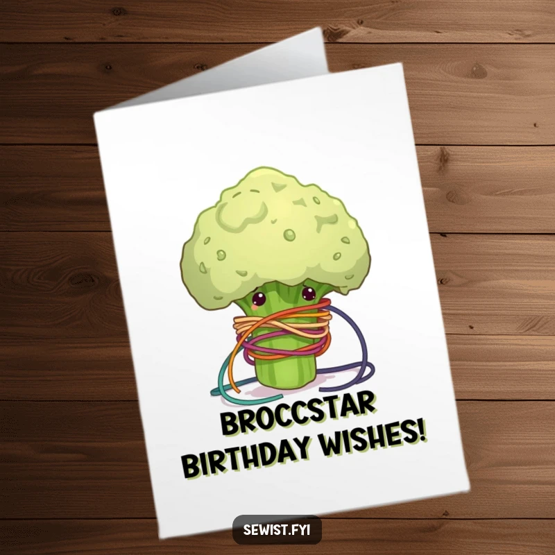Funny Free Printable Birthday Card: A clumsy broccoli floret comically tangled in a mess of colorful sewing thread, looking bewildered.