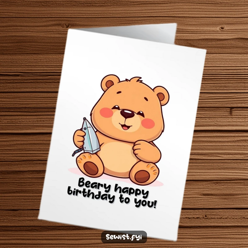 Funny Free Printable Bear Birthday Card: A jovial bear concentrates on ironing, ensuring a smooth and perfect birthday celebration.