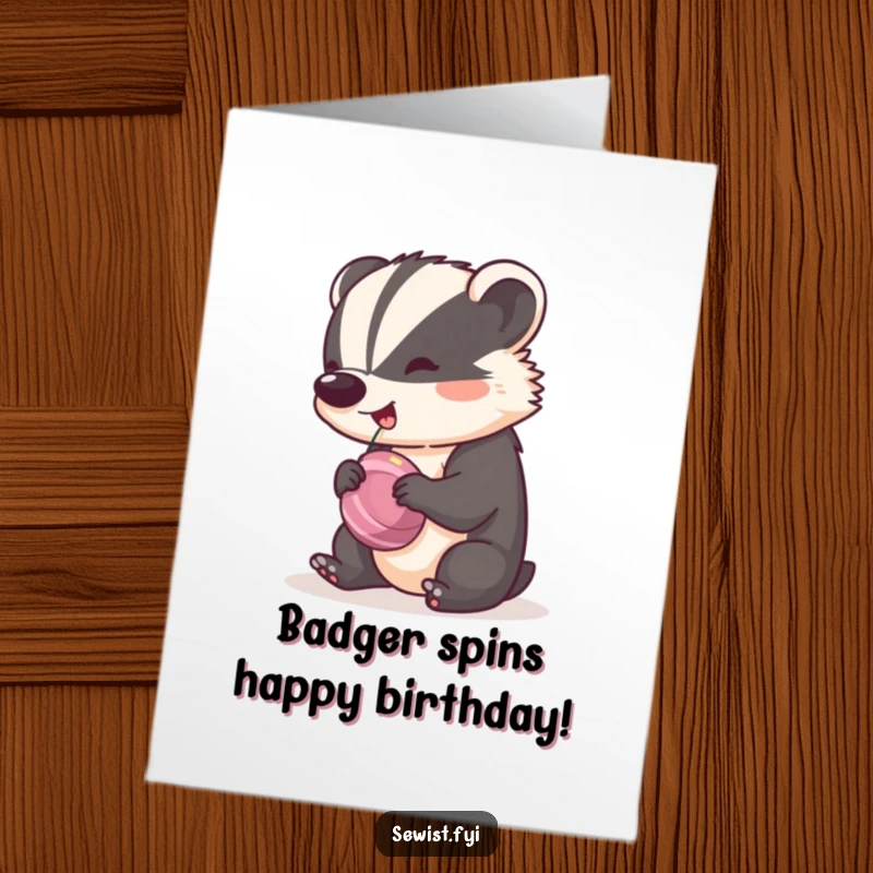 Funny Free Printable Birthday Card: Cheeky badger happily spinning a bobbin, creating a steady, rhythmic crafting motion.