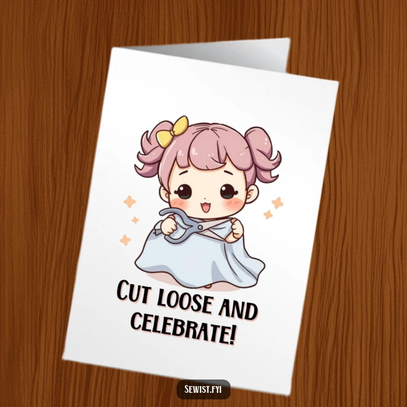 Funny Free Printable birthday card: a character dramatically cuts fabric with scissors, a DIY downloadable gift for crafters.