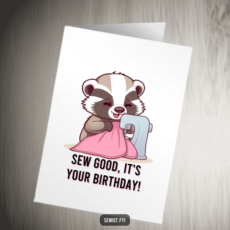 Funny Free Printable Birthday Card: Happy badger expertly sewing fabric on a machine, a delightful DIY greeting.