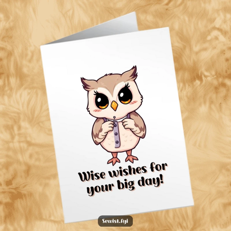 Funny Free Printable Birthday Card: A contented owl carefully adjusts a dress form with a needle and thread.