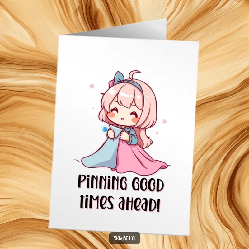 Funny Free Printable birthday card: a character happily pins fabric pieces together, a DIY downloadable gift for crafters.